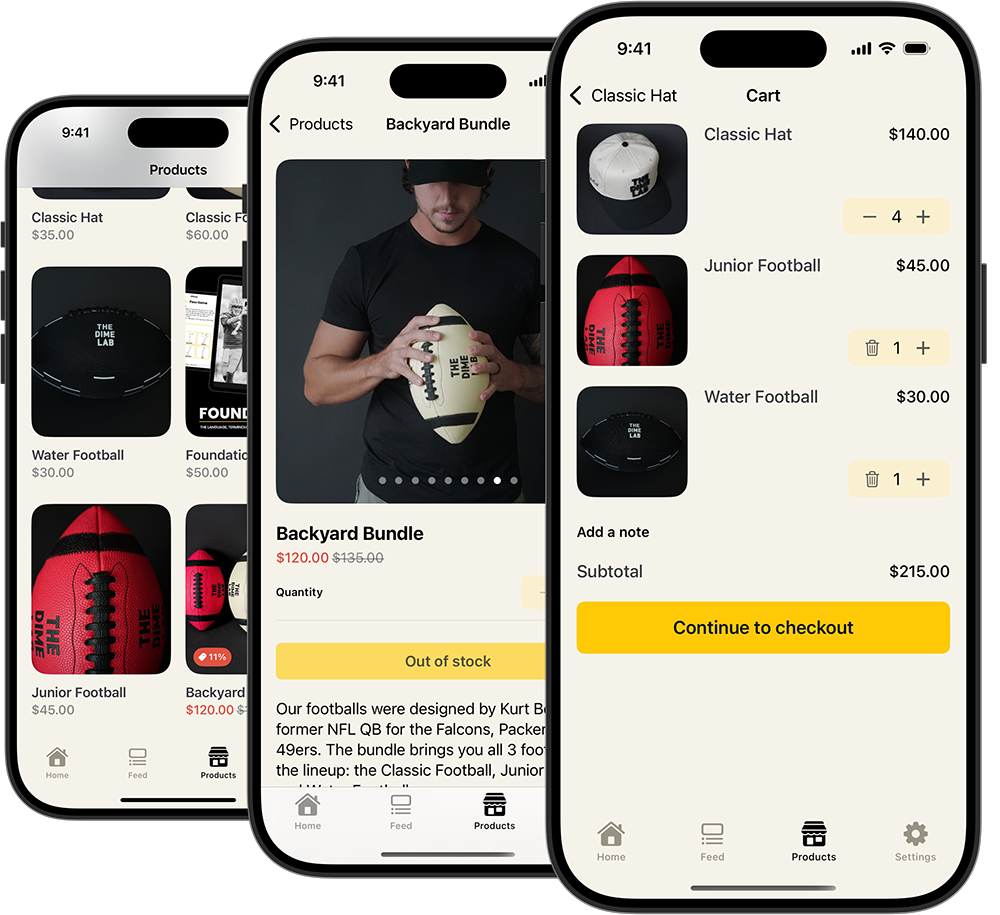 Three screenshots side by side of the Parra Shopify Storefront sample app displaying a list of example products, a product detail page and a cart with multiple items.