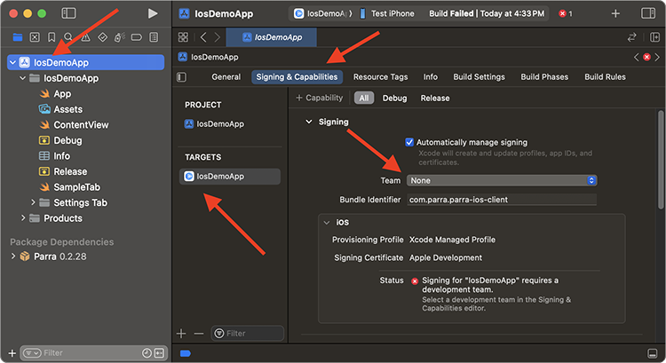 Updating the development team in the Signing section of the settings of an Xcode project.