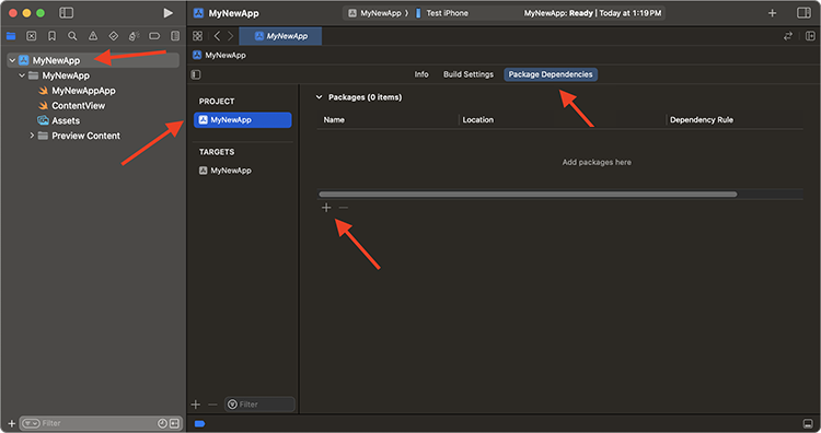 A screenshot of Xcode, selecting the project settings, then the + button to add a SPM package.