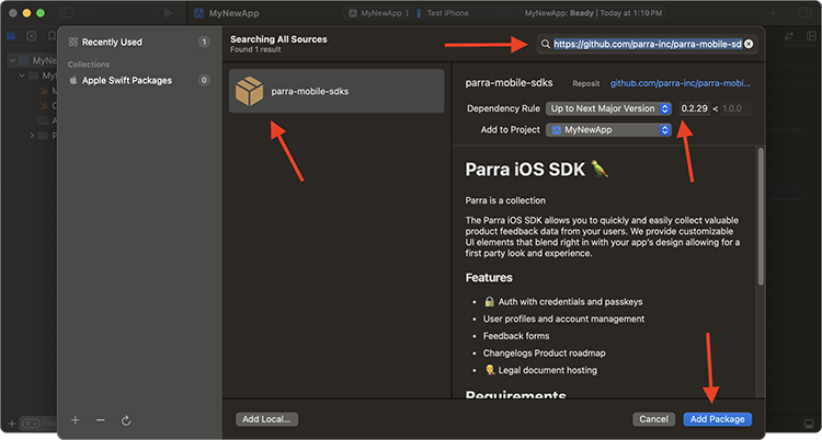 A screenshot of Xcode after clicking the + button in the previous step. Searching for github.com/parra-inc/parra-mobile-sdks and clicking add package.